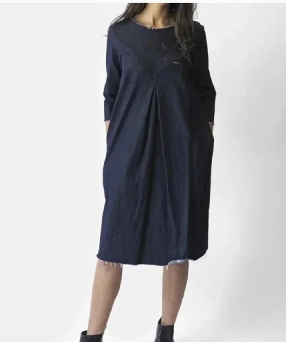 ERICA TANOV Sz 4 Denim Rye Dress 3/4 Sleeve Raw Distressed Edges